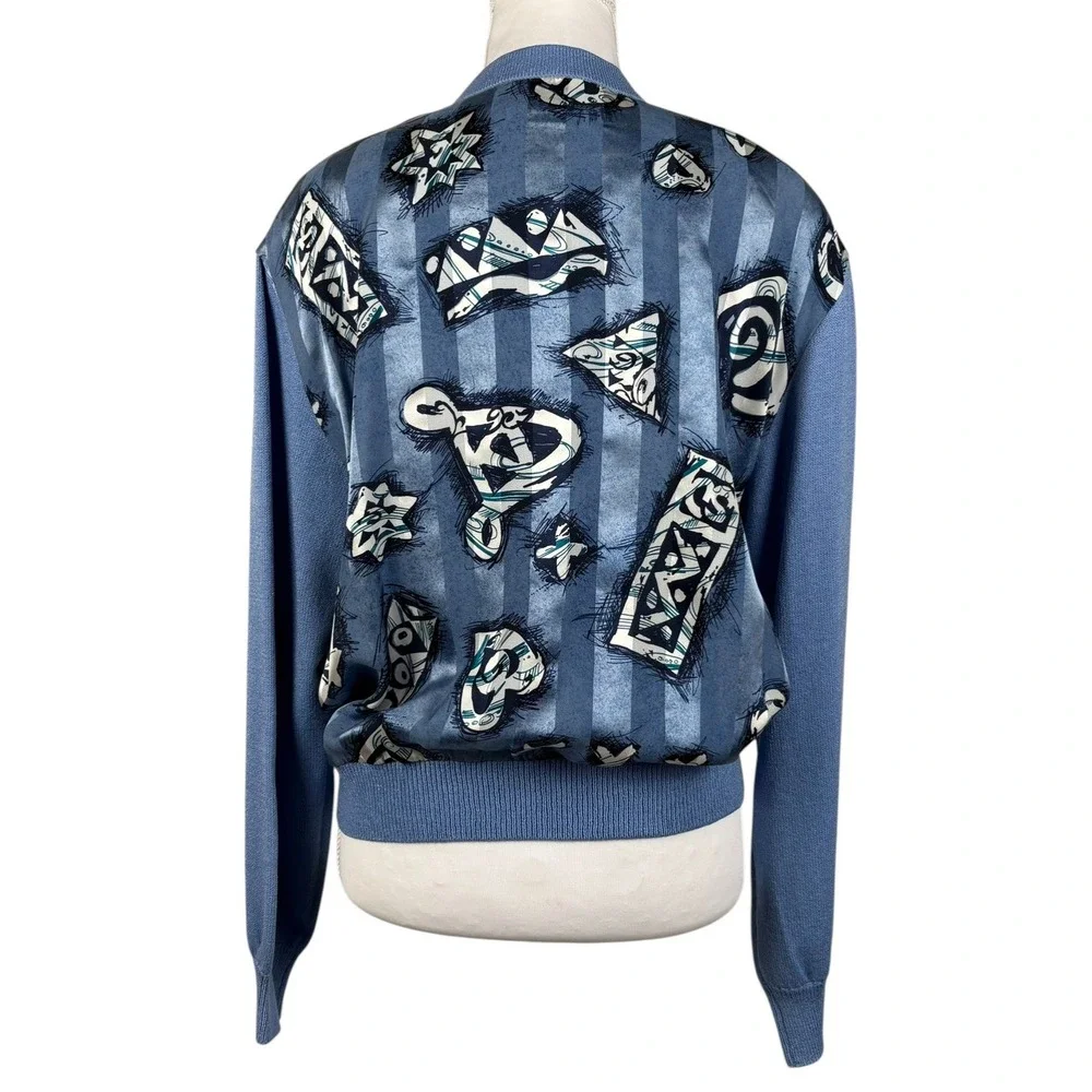 St John Collection Knit Cardigan Womens M Blue Abstract Silk‎ Lining & Scarf VTG